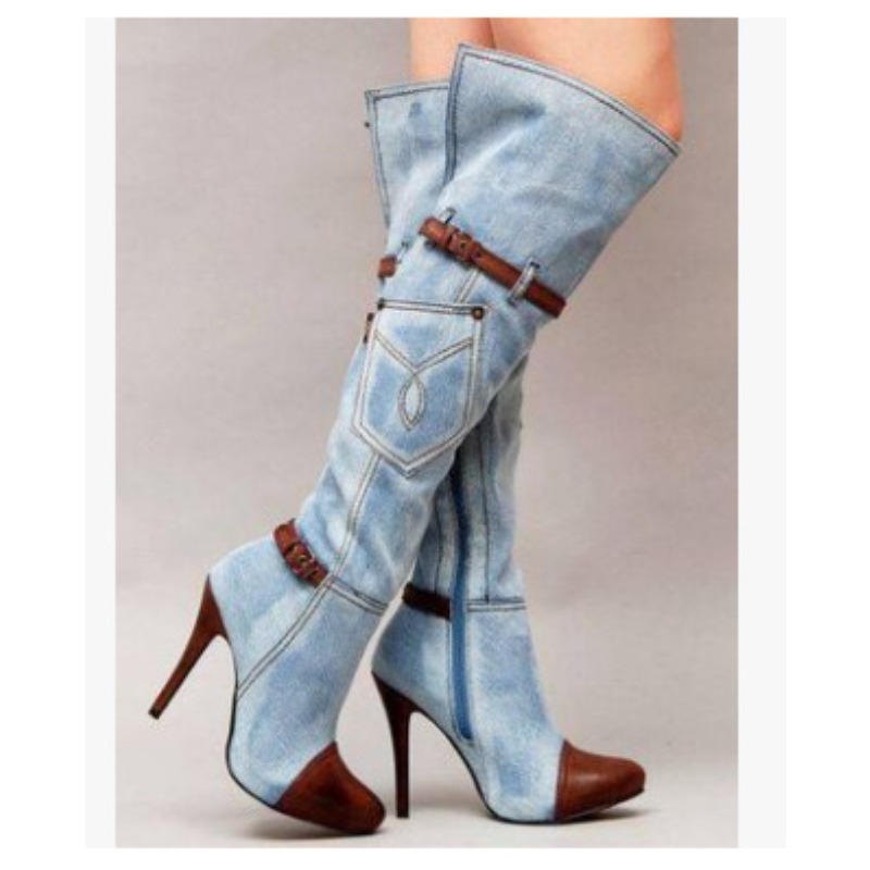 Knee High Boots Women - Botas jeans femininas acima do joelho,