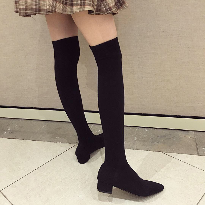Sock Boot Women - Botas Femininas Pretas de Salto Baixo,
