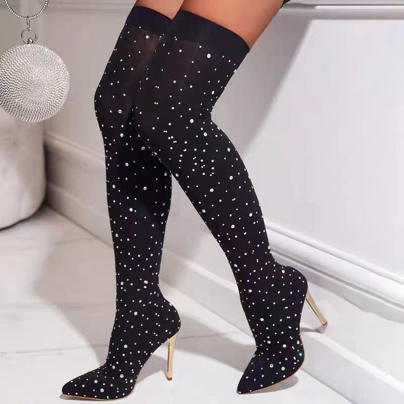 Sock Boot Women - Strass perna fina estiramento meias botas