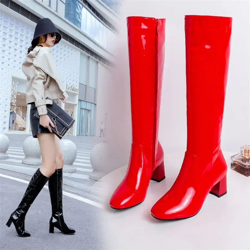 Vermelho branco couro de paten - Knee High Boots Women avaliação e preço